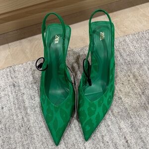 Zara Green Leopard-Print Slingback Pointed-Toe Heels